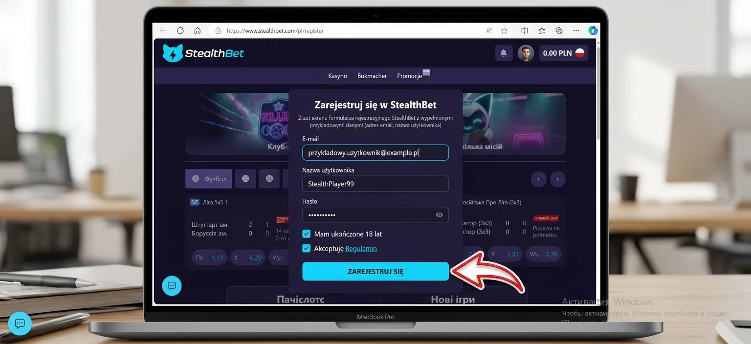 Wypełniony formularz rejestracji w StealthBet