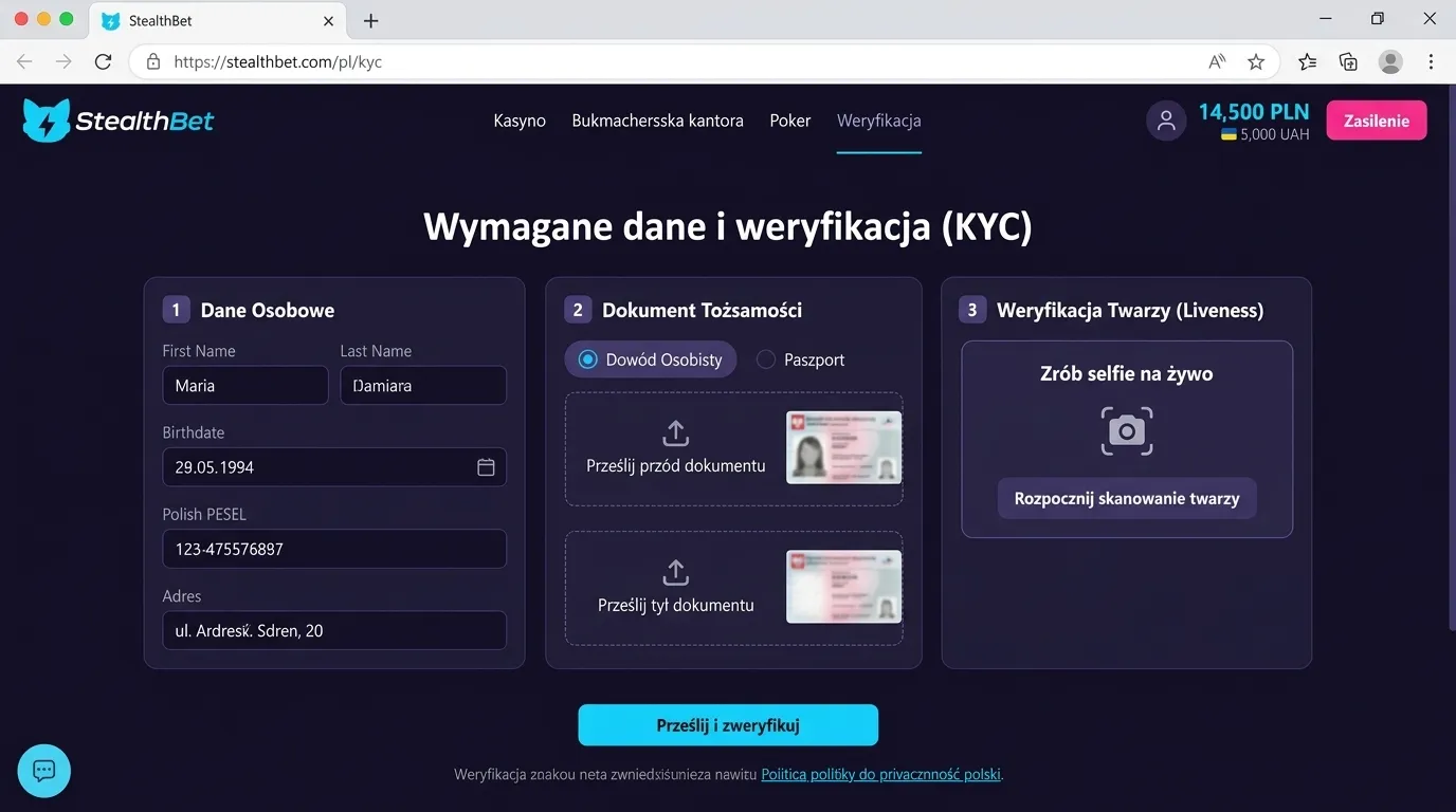 Panel weryfikacji KYC w StealthBet Casino