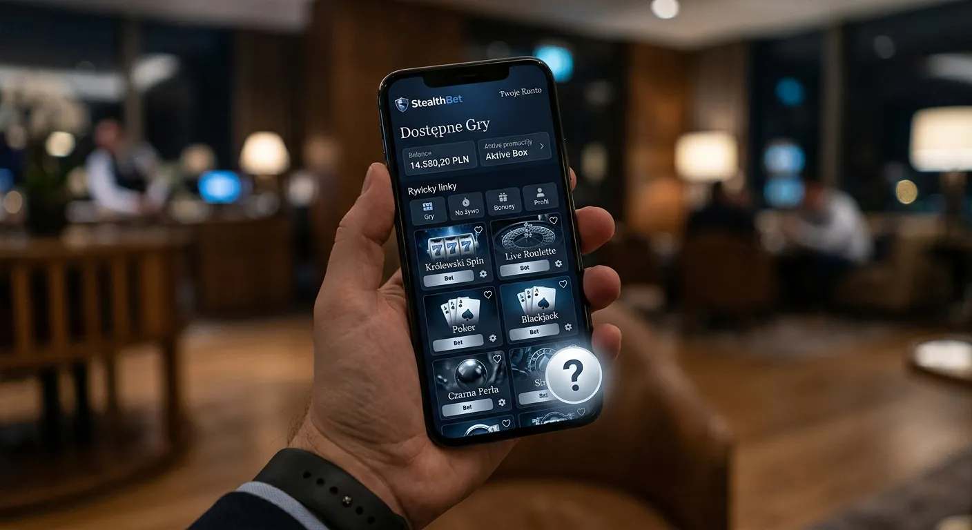 Ekran telefonu z interfejsem kasyna i ikoną pytajnika